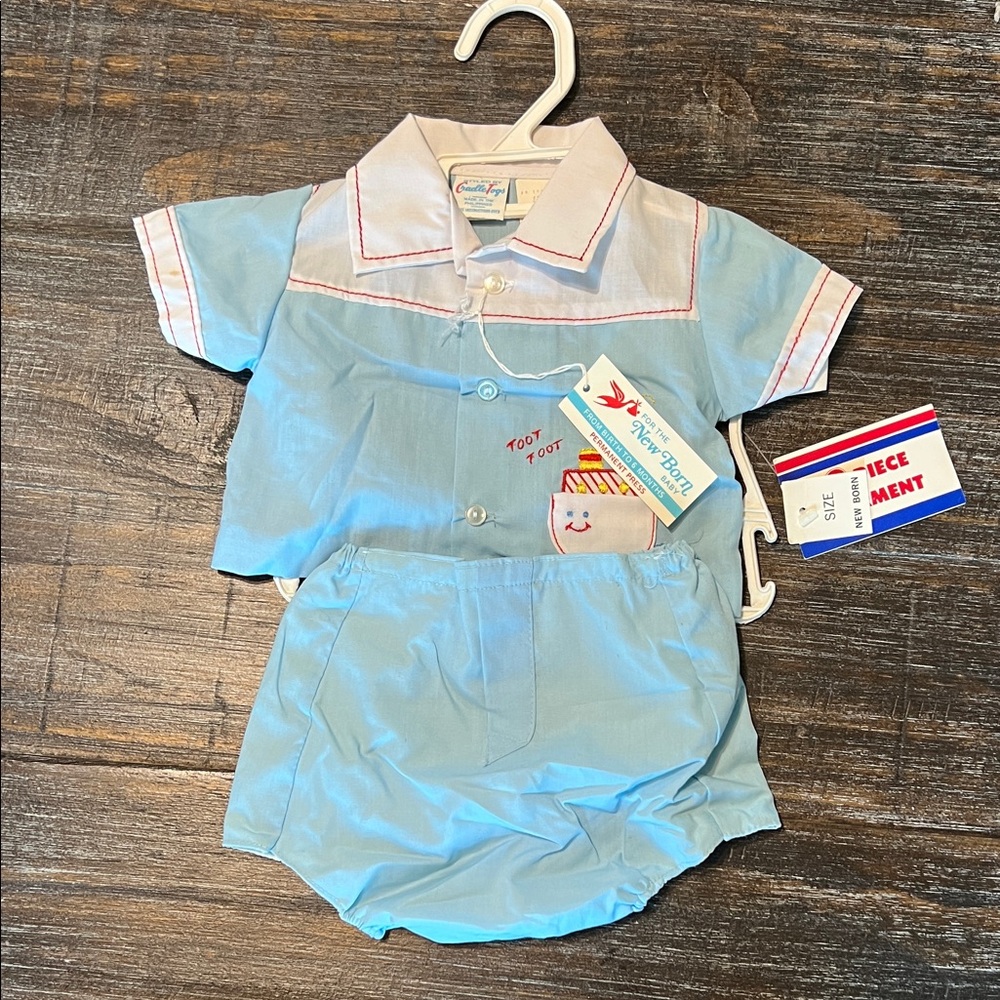 NWT Vintage 2 Piece Blue and White Baby Outfit